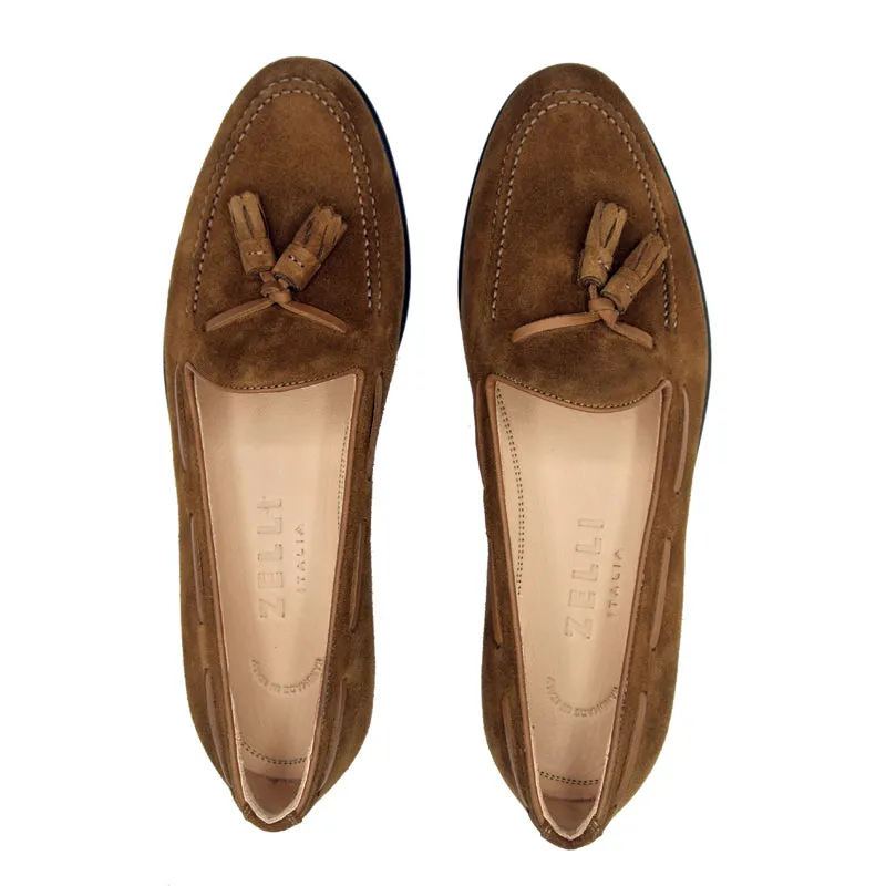 Franco Sueded Italian Calfskin Tassel Loafer in Tobacco by Zelli Italia