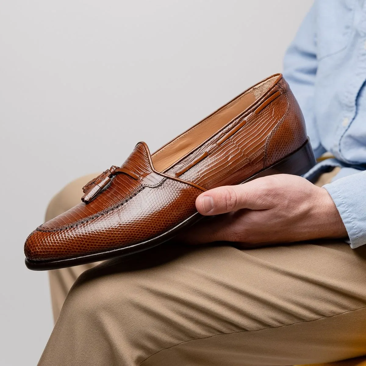 Franco Teju Lizard Tassel Loafer in Cognac by Zelli Italia