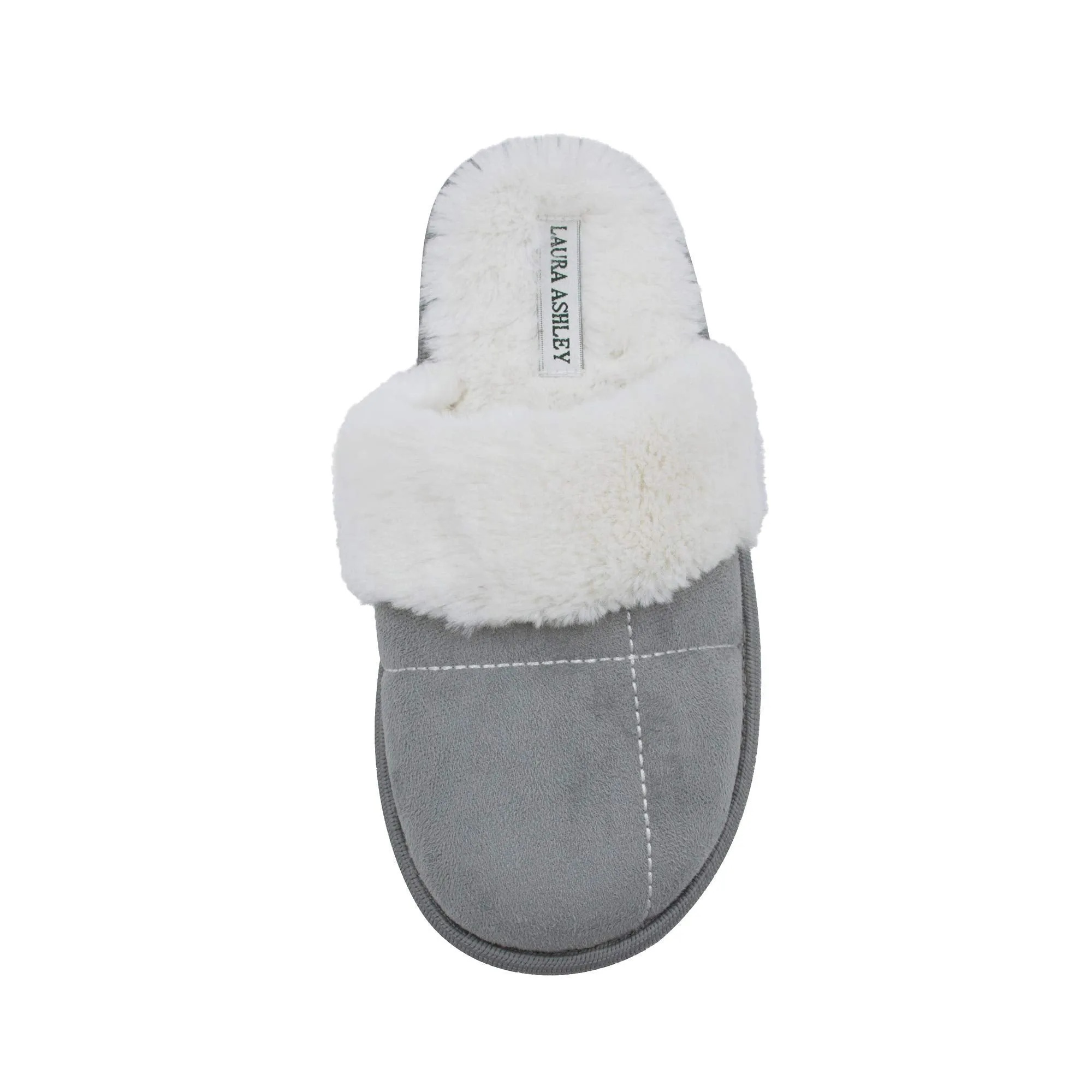 Laura Ashley Ladies Micro Suede Scuff Slipper with Plush Collar, Light Grey, S