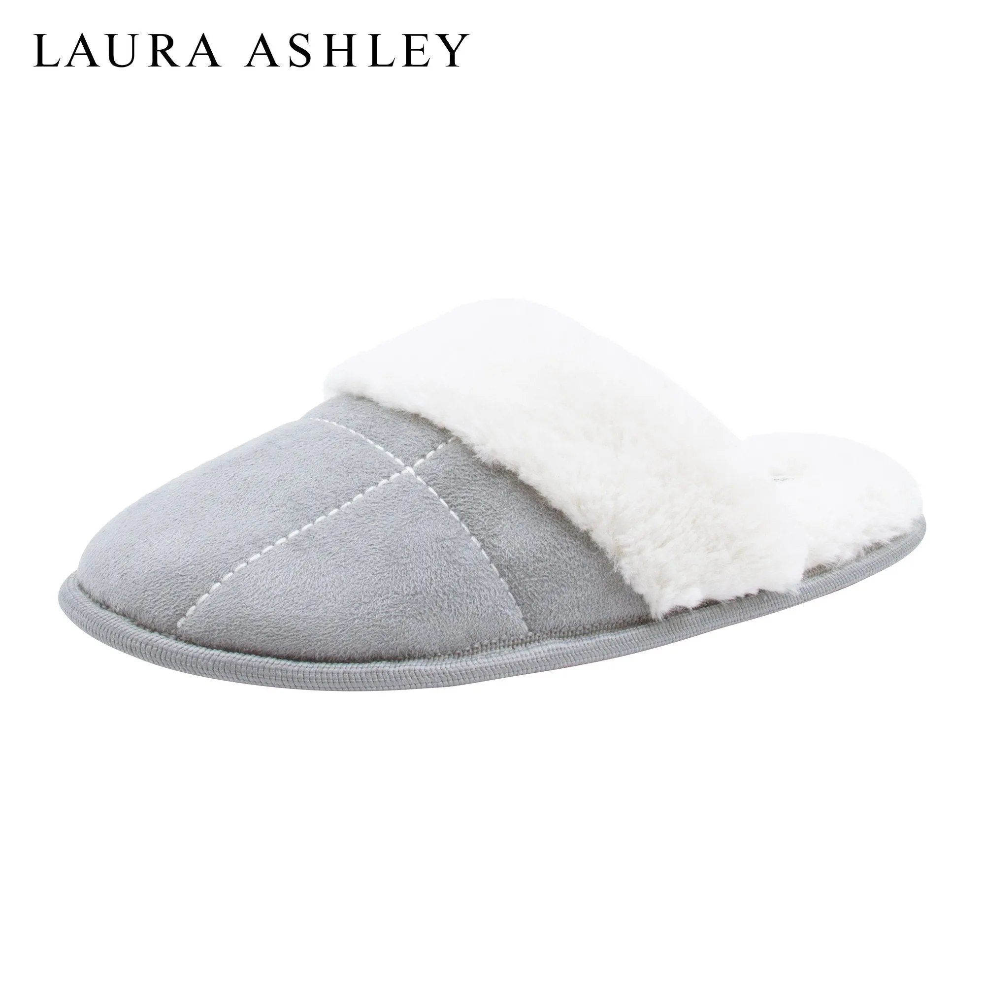 Laura Ashley Ladies Micro Suede Scuff Slipper with Plush Collar, Light Grey, S