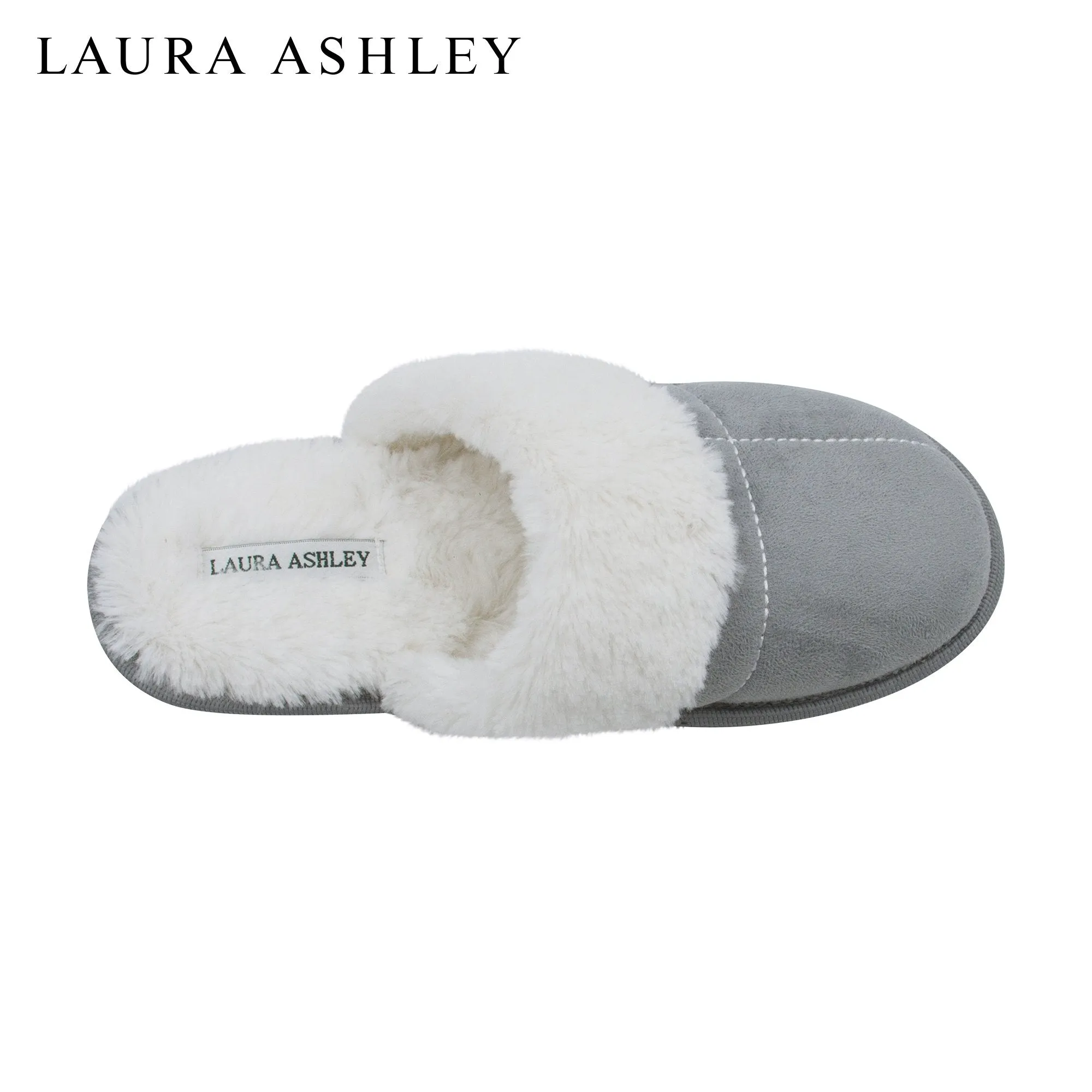 Laura Ashley Ladies Micro Suede Scuff Slipper with Plush Collar, Light Grey, S