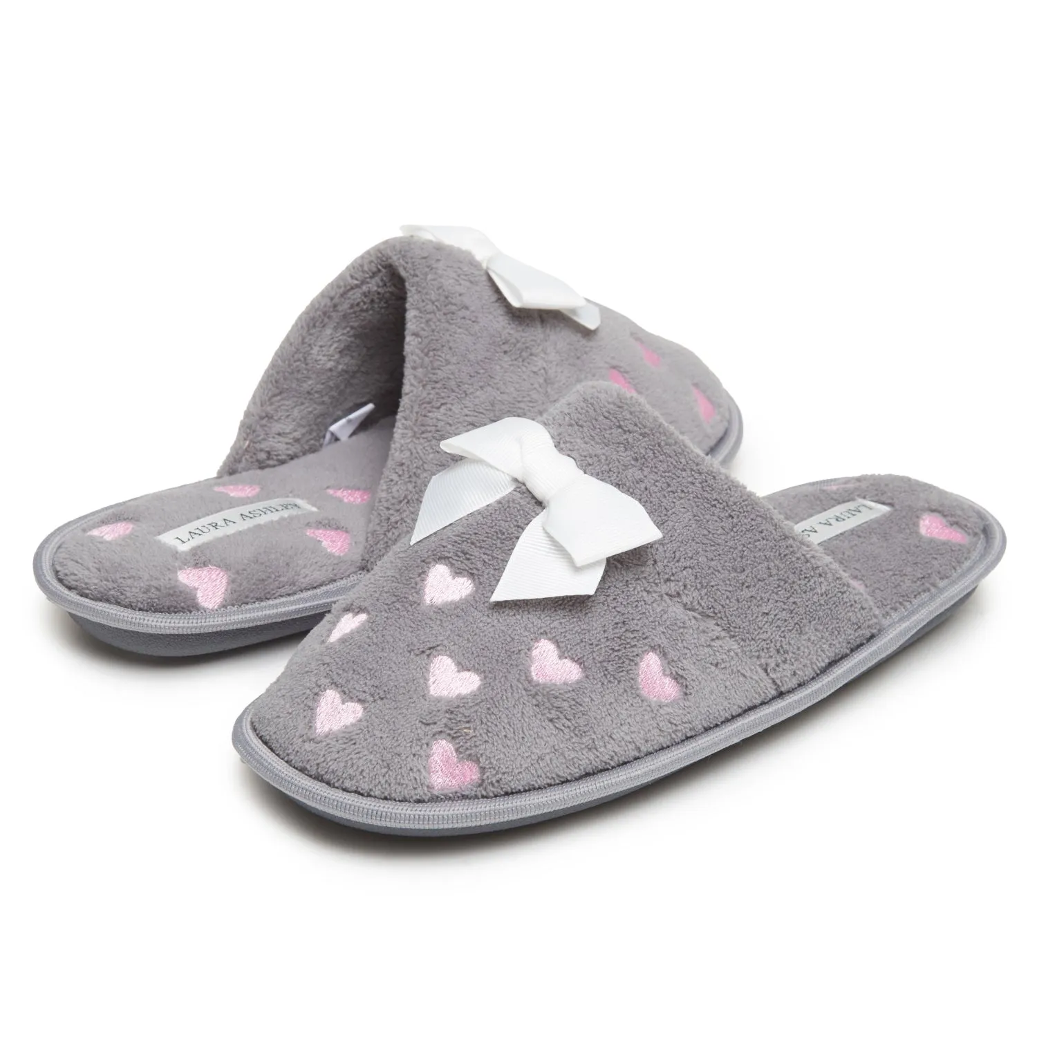 Laura Ashley Women's Embroidered Hearts Micro Terry Scuff Slippers with Bow Details | Soft and Warm House Slippers with Cushioned Insole for Ladies