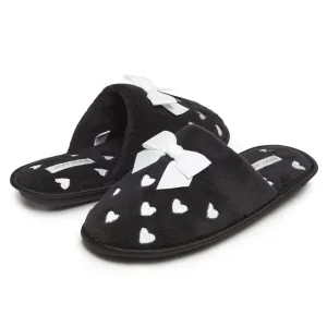 Laura Ashley Women's Embroidered Hearts Micro Terry Scuff Slippers with Bow Details | Soft and Warm House Slippers with Cushioned Insole for Ladies