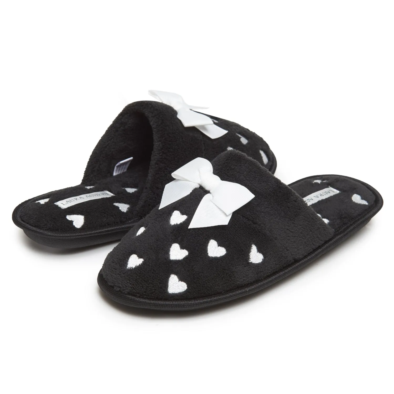 Laura Ashley Women's Embroidered Hearts Micro Terry Scuff Slippers with Bow Details | Soft and Warm House Slippers with Cushioned Insole for Ladies