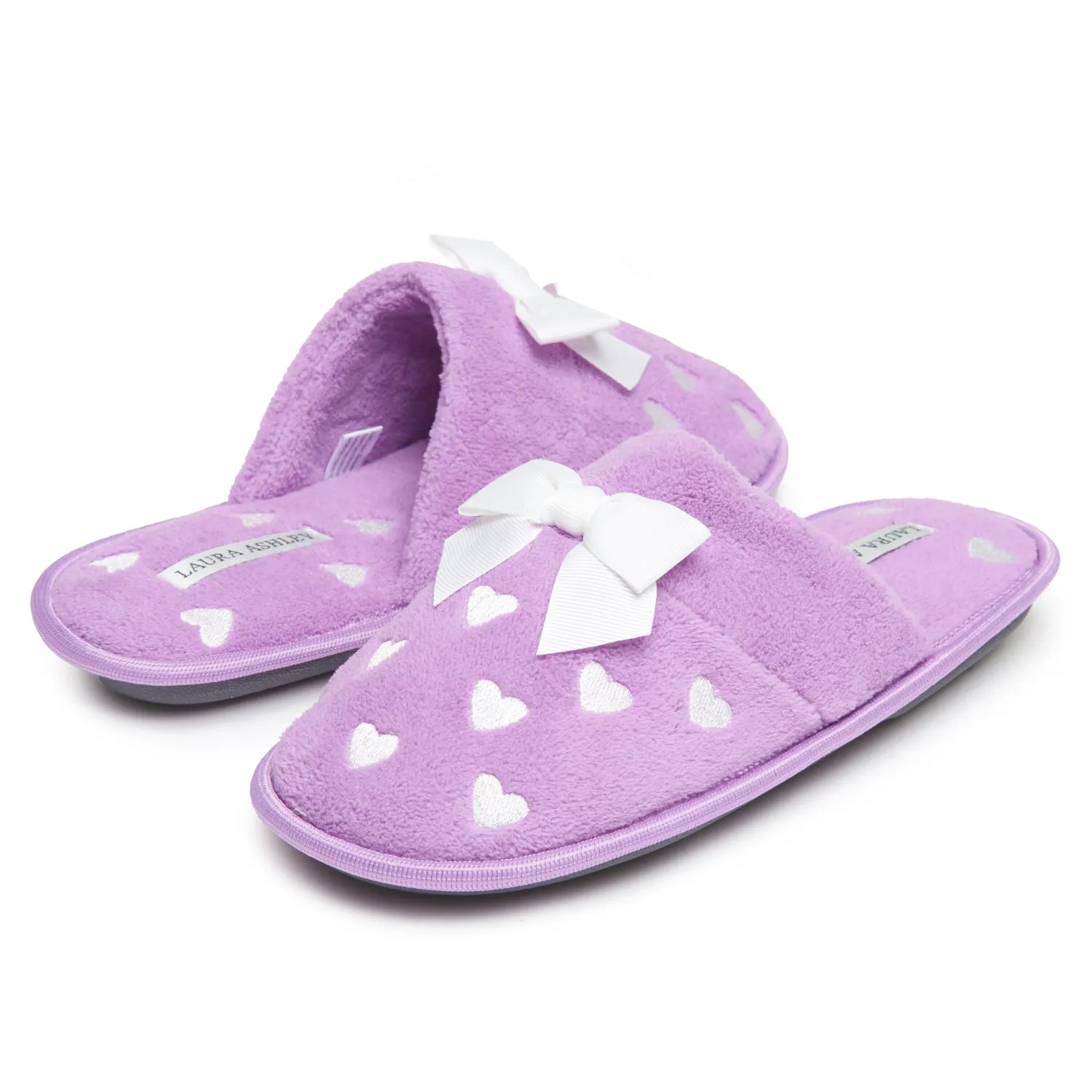 Laura Ashley Women's Embroidered Hearts Micro Terry Scuff Slippers with Bow Details | Soft and Warm House Slippers with Cushioned Insole for Ladies