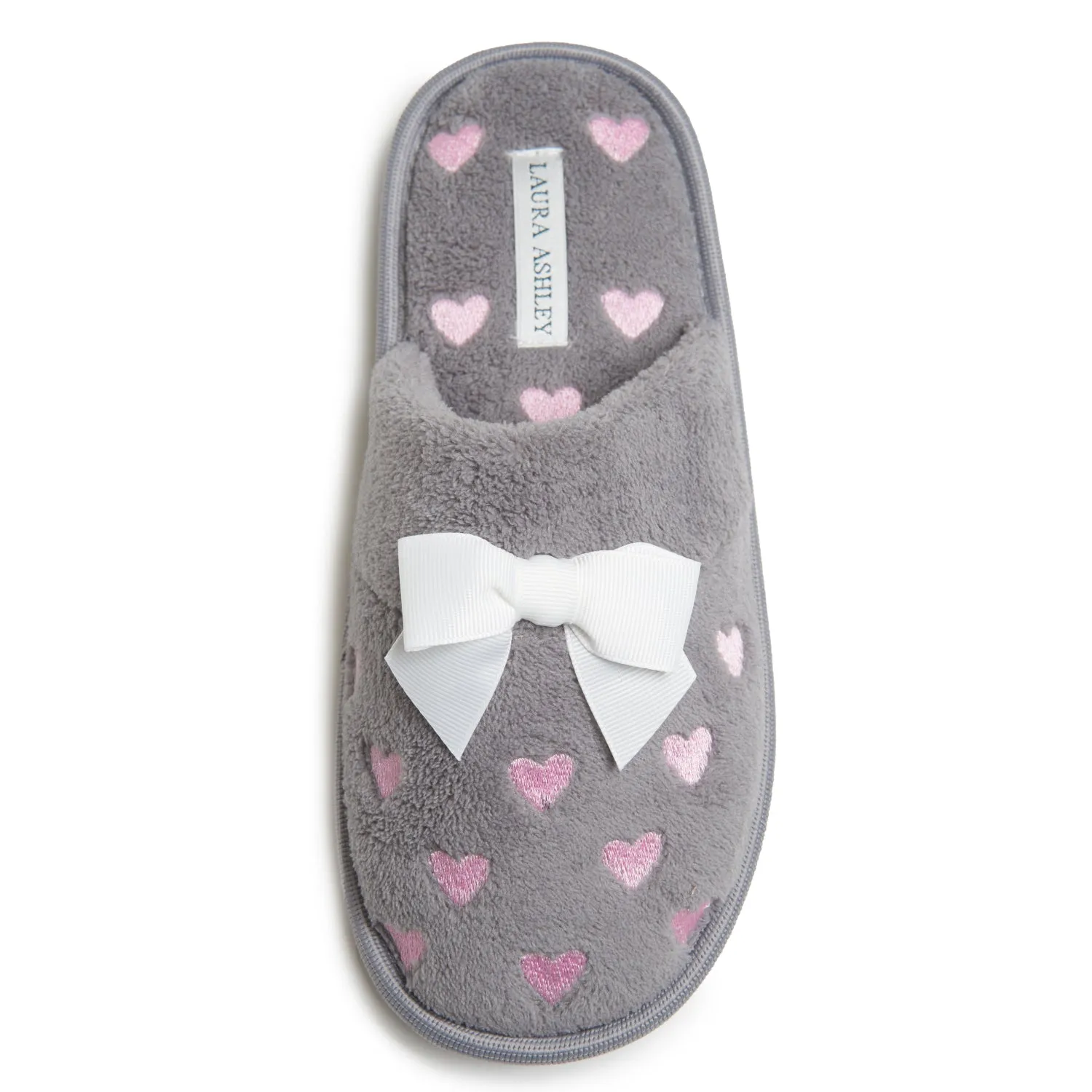 Laura Ashley Women's Embroidered Hearts Micro Terry Scuff Slippers with Bow Details | Soft and Warm House Slippers with Cushioned Insole for Ladies