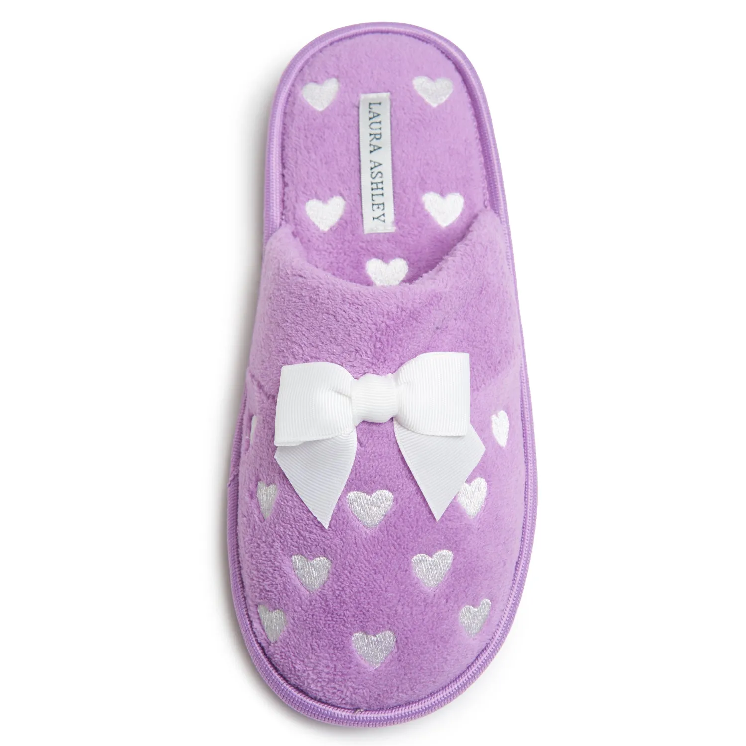 Laura Ashley Women's Embroidered Hearts Micro Terry Scuff Slippers with Bow Details | Soft and Warm House Slippers with Cushioned Insole for Ladies