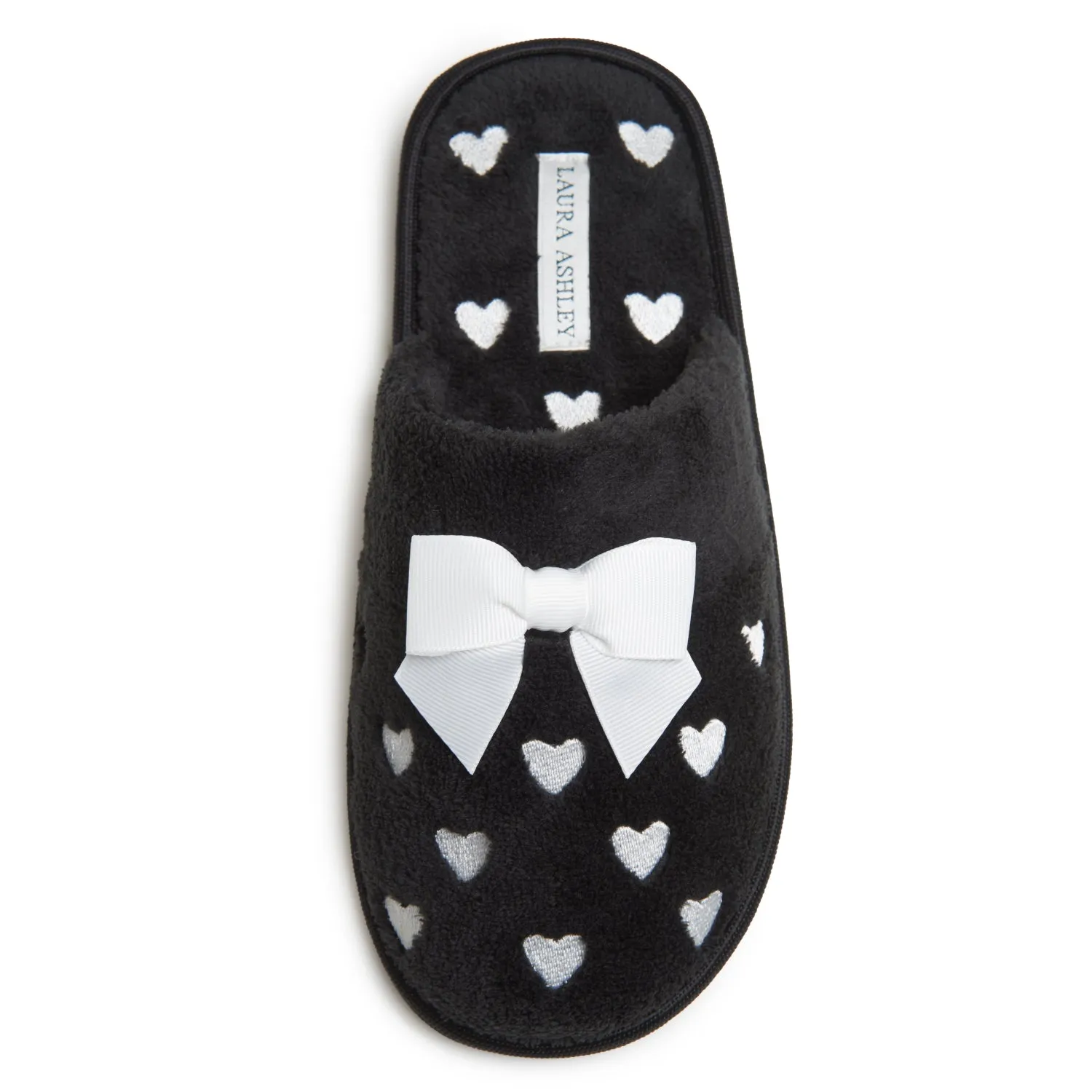 Laura Ashley Women's Embroidered Hearts Micro Terry Scuff Slippers with Bow Details | Soft and Warm House Slippers with Cushioned Insole for Ladies