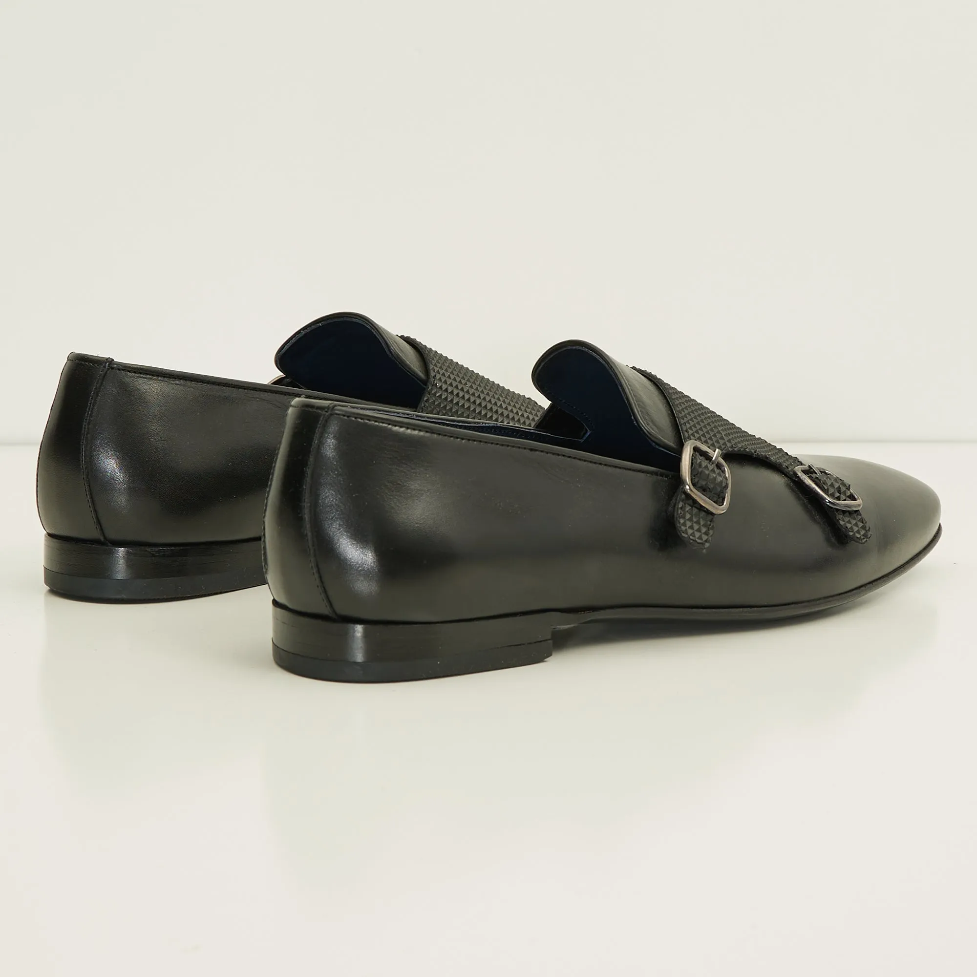 Leather Double Monk Strap Shoes - Black