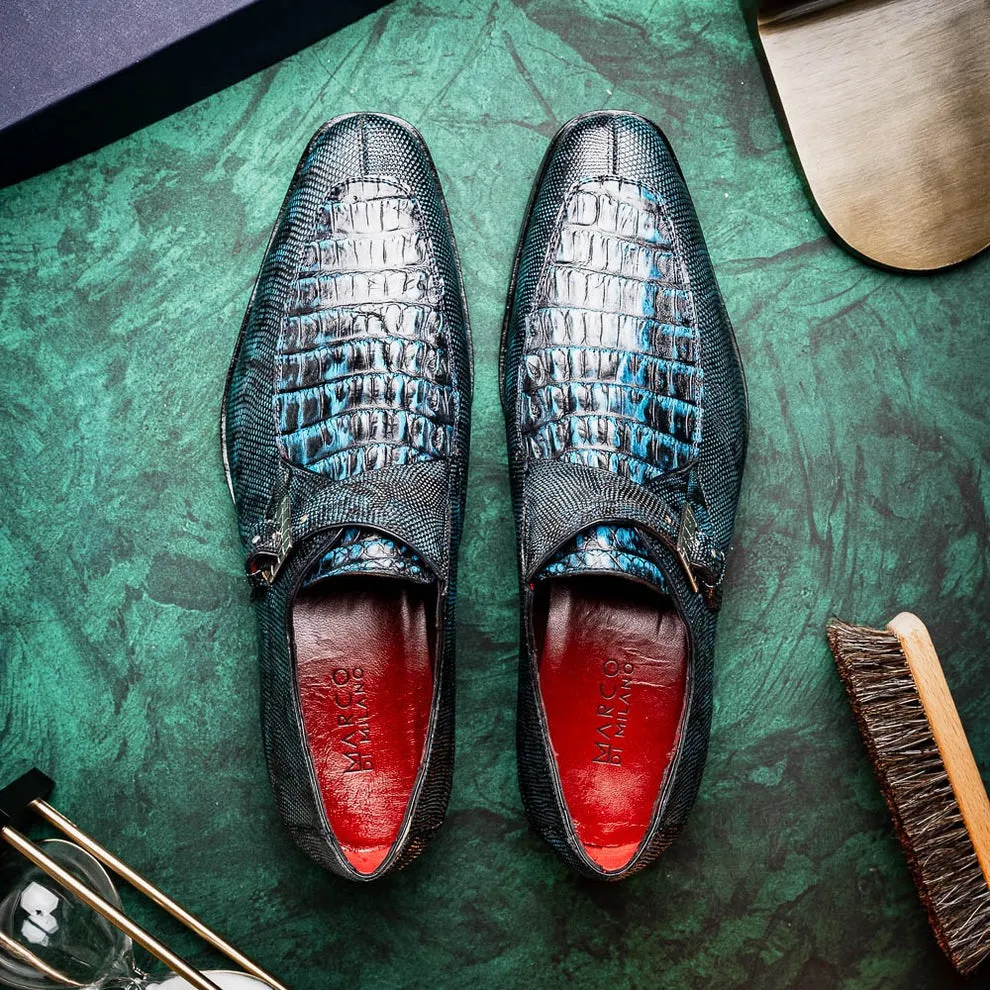 Marco Di Milano Toluca Men's Shoes Exotic Lizard / Crocodile Single Monk-Strap Loafers (MDM1126)