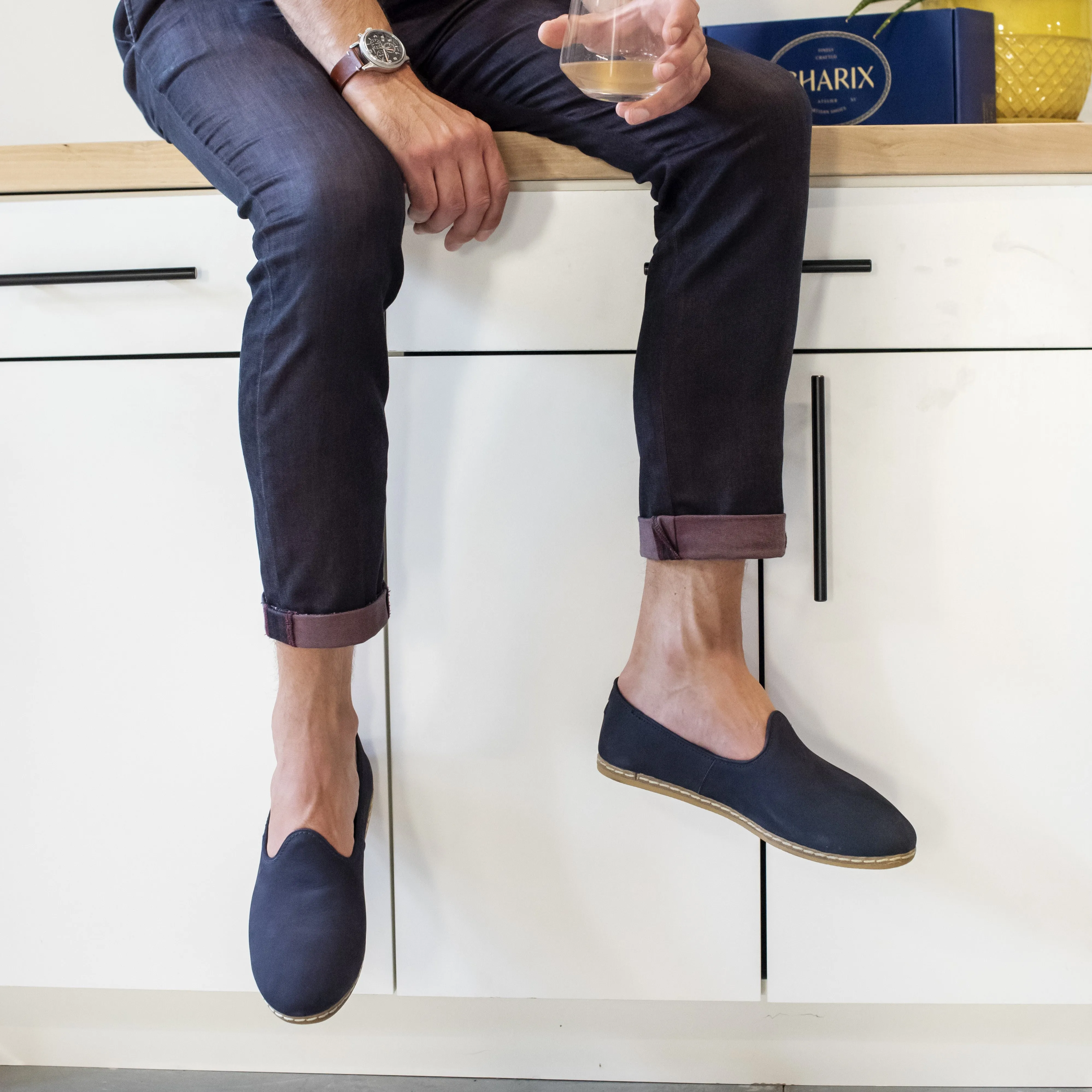 Navy Nubuck Slip Ons for Men
