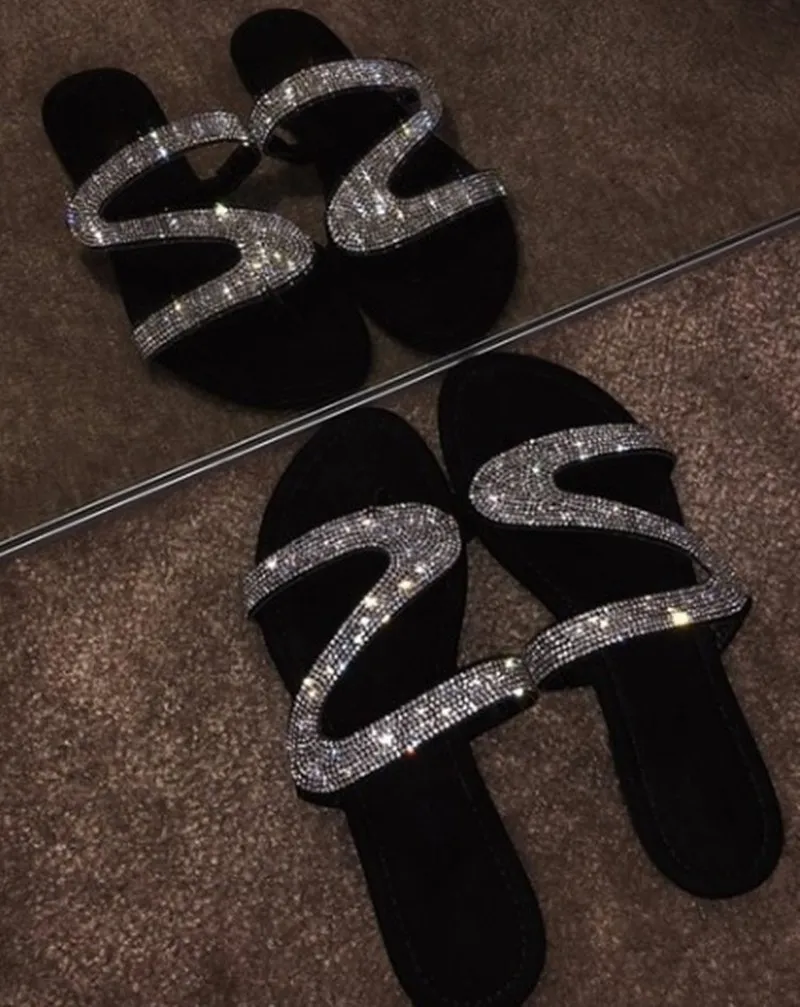Sexy Women Summer Flat Slippers Rhinestone Shoe Open Toe Roman Beach Sandal ladies Flip Flops Black Non-slip Slides size 35-43